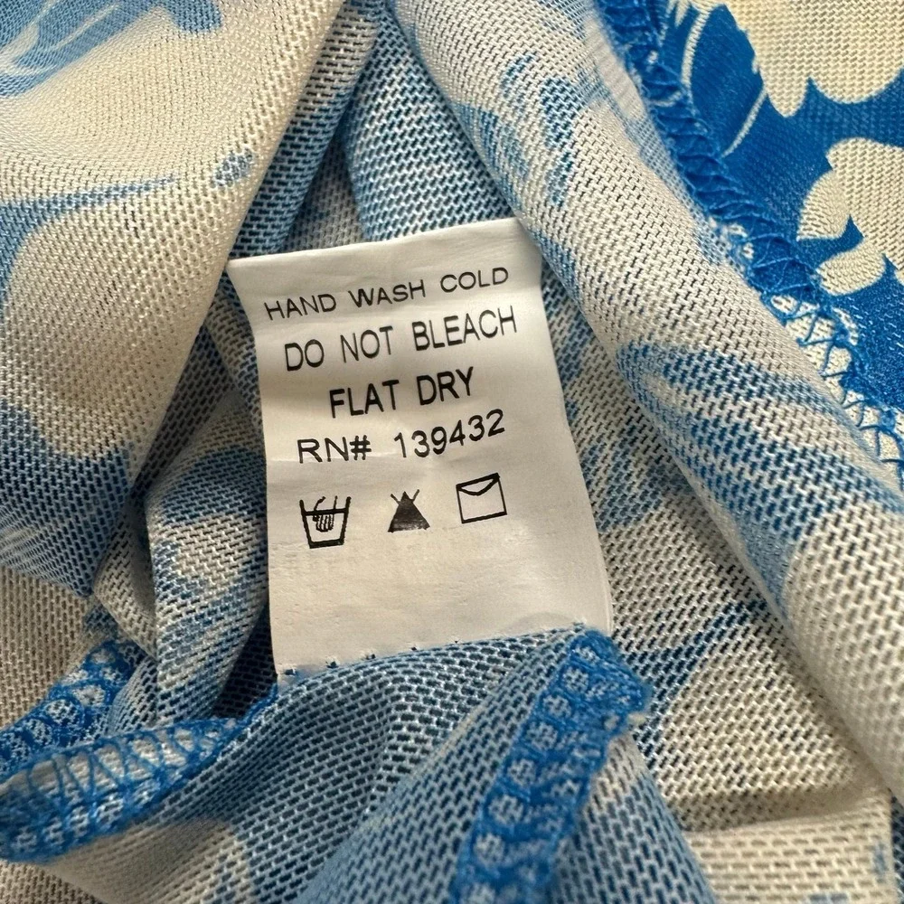 Y2K Mesh Rouched Button Top - Large - Blue and Offwhite Flowers Rave Festival - Picture 9 of 10